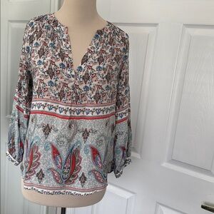 Fun 2 Fun Zaila Split Neck Top Paisley Floral Print 3/4 sleeve